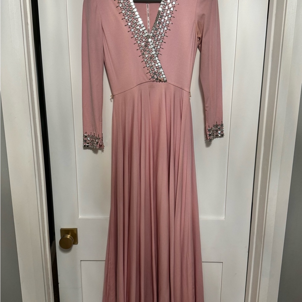 Victoria Royal/The Sak Pink Satin Formal Gown w hand-sewn square crystals